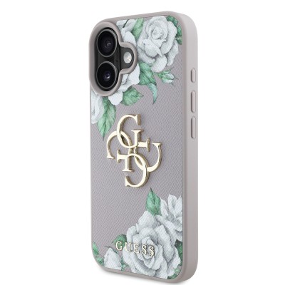 Apple iPhone 16 Case Guess Original Licensed Rose Printed Large Metal Logo Design Cover - 20