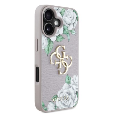 Apple iPhone 16 Case Guess Original Licensed Rose Printed Large Metal Logo Design Cover - 21