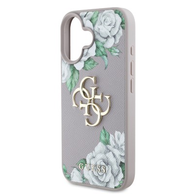 Apple iPhone 16 Case Guess Original Licensed Rose Printed Large Metal Logo Design Cover - 23
