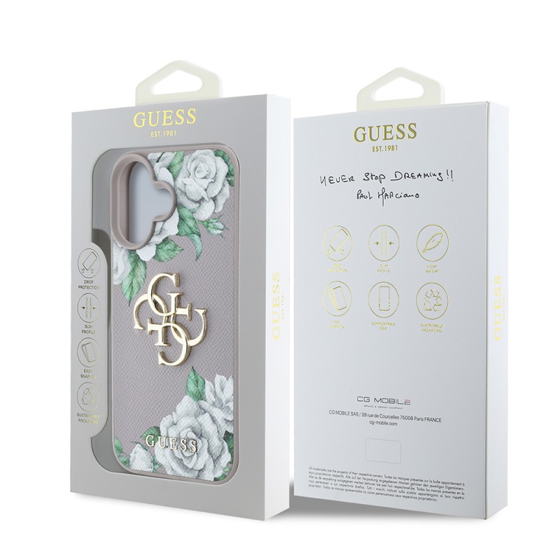 Apple iPhone 16 Case Guess Original Licensed Rose Printed Large Metal Logo Design Cover - 25