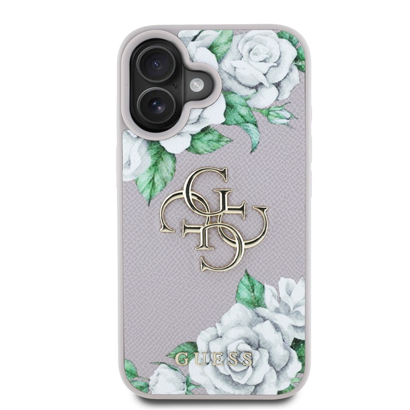 Apple iPhone 16 Case Guess Original Licensed Rose Printed Large Metal Logo Design Cover - 4