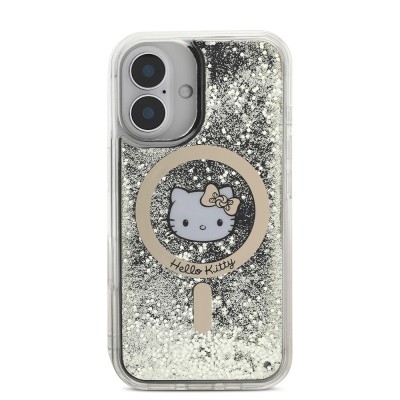 Apple iPhone 16 Case Hello Kitty Original Licensed Magsafe Charging Feature IML Printing Kitty Head Logo Liquid Glitter Gold Flame Cover - 5