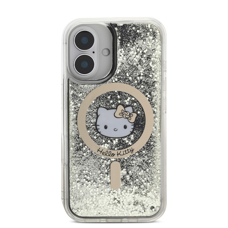 Apple iPhone 16 Case Hello Kitty Original Licensed Magsafe Charging Feature IML Printing Kitty Head Logo Liquid Glitter Gold Flame Cover - 5
