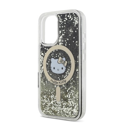 Apple iPhone 16 Case Hello Kitty Original Licensed Magsafe Charging Feature IML Printing Kitty Head Logo Liquid Glitter Gold Flame Cover - 8