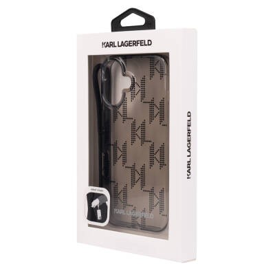 Apple iPhone 16 Case Karl Lagerfeld Original Licensed KL Patterned Transparent Wrist Strap String Classic Logo Cover - 5