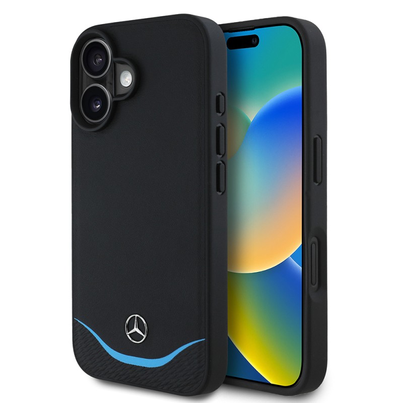 Apple iPhone 16 Case Mercedes Benz Original Licensed Magsafe Charging 3D Metal Logo Blue Horizontal Curved Striped Leather Cover - 8