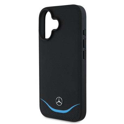 Apple iPhone 16 Case Mercedes Benz Original Licensed Magsafe Charging 3D Metal Logo Blue Horizontal Curved Striped Leather Cover - 5