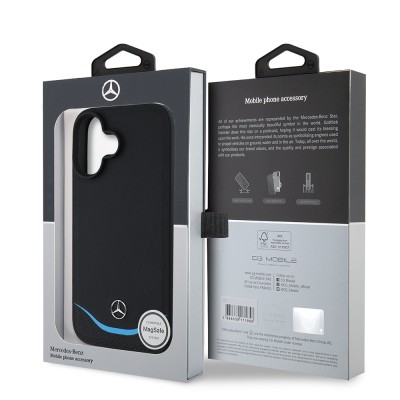 Apple iPhone 16 Case Mercedes Benz Original Licensed Magsafe Charging 3D Metal Logo Blue Horizontal Curved Striped Leather Cover - 9