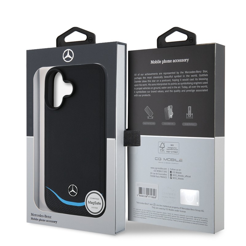 Apple iPhone 16 Case Mercedes Benz Original Licensed Magsafe Charging 3D Metal Logo Blue Horizontal Curved Striped Leather Cover - 9