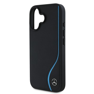 Apple iPhone 16 Case Mercedes Benz Original Licensed Magsafe Charging Feature 3D Metal Logo Blue Vertical Curved Striped Leather Cover - 5
