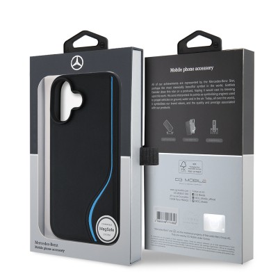 Apple iPhone 16 Case Mercedes Benz Original Licensed Magsafe Charging Feature 3D Metal Logo Blue Vertical Curved Striped Leather Cover - 9