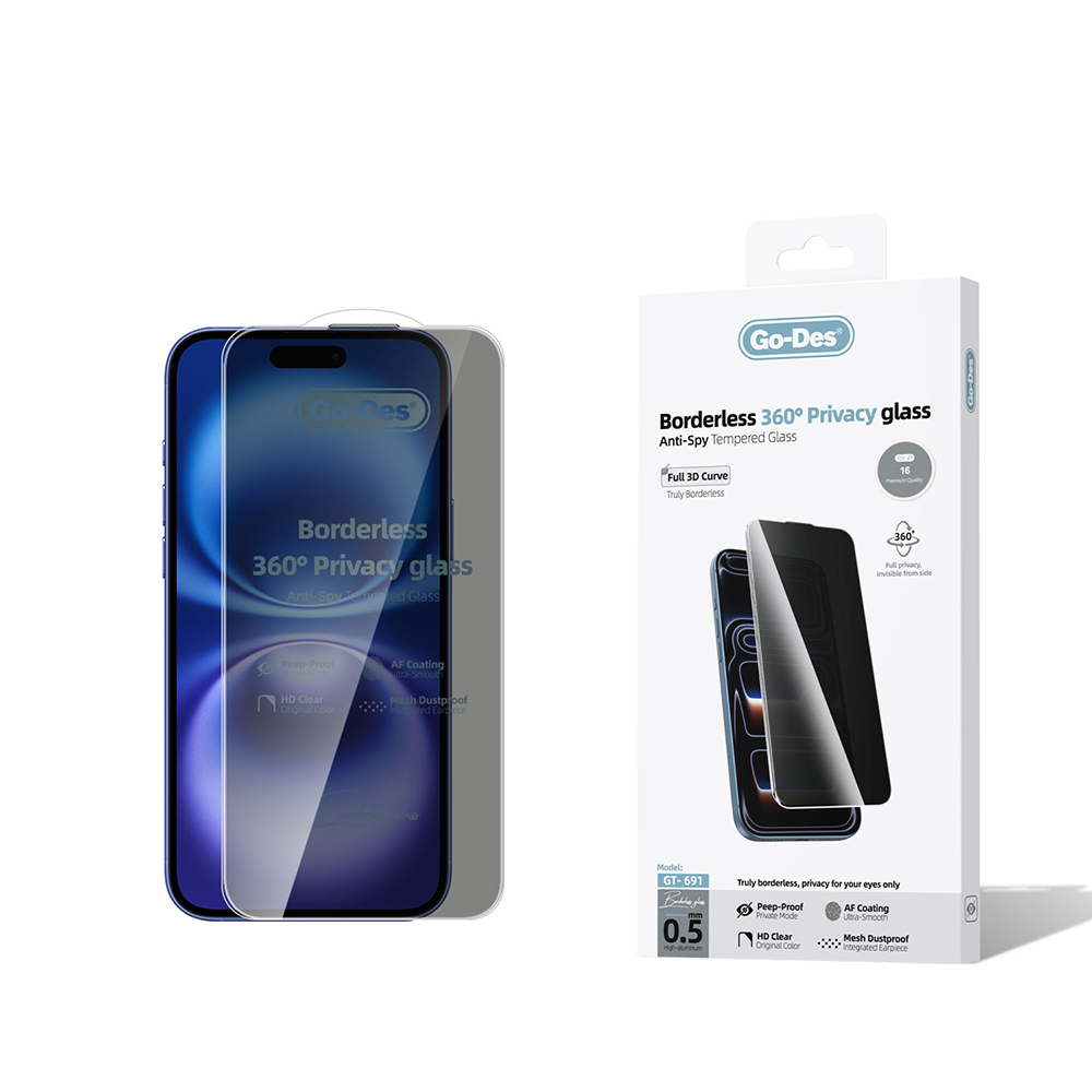 Apple iPhone 16 Go Des AF Borderless Privacy Temperli Cam Ekran Koruyucu - Siyah
