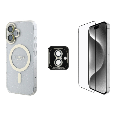 Apple iPhone 16 Guess Orjinal Lisanslı 3'lü Aksesuar Seti IML Baskılı Simli Glitter Kılıf + Ekran Koruyucu + Lens Koruyucu - Guess