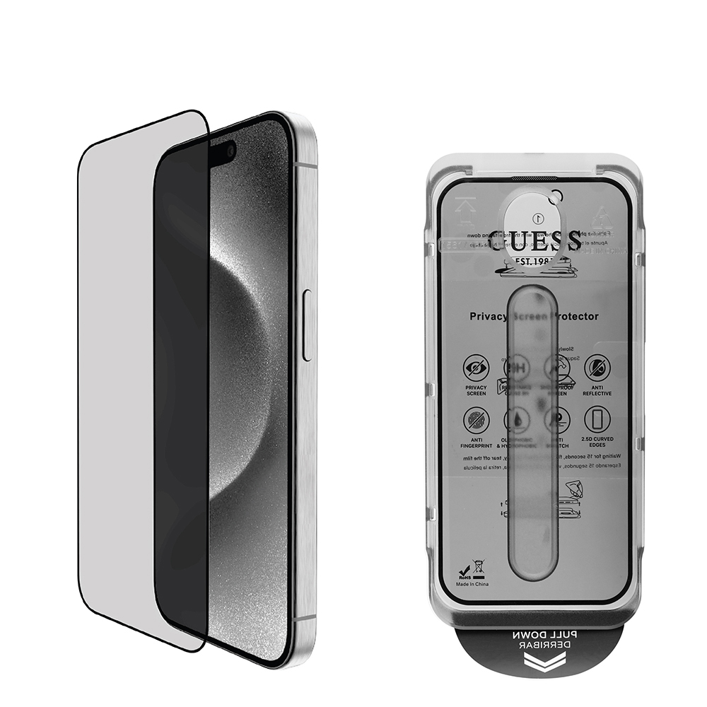 Apple iPhone 16 Guess Orjinal Lisanslı Hayalet Privacy Temperli Cam Ekran Koruyucu Uygulama Aparatlı Outline Serisi - Siyah