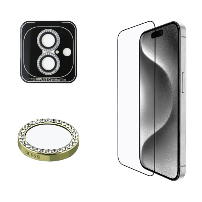 Apple iPhone 16 Guess Orjinal Lisanslı Rhinestone Ekran Koruyucu + Lens Koruyucu 2in1 Aksesuar Seti - Guess