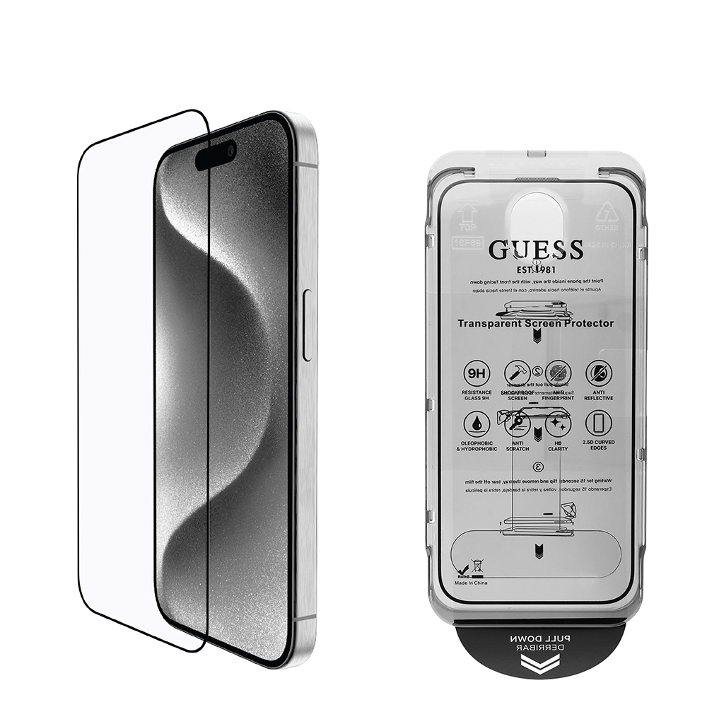 Apple iPhone 16 Guess Orjinal Lisanslı Temperli Cam Ekran Koruyucu Uygulama Aparatlı Outline Serisi - Siyah