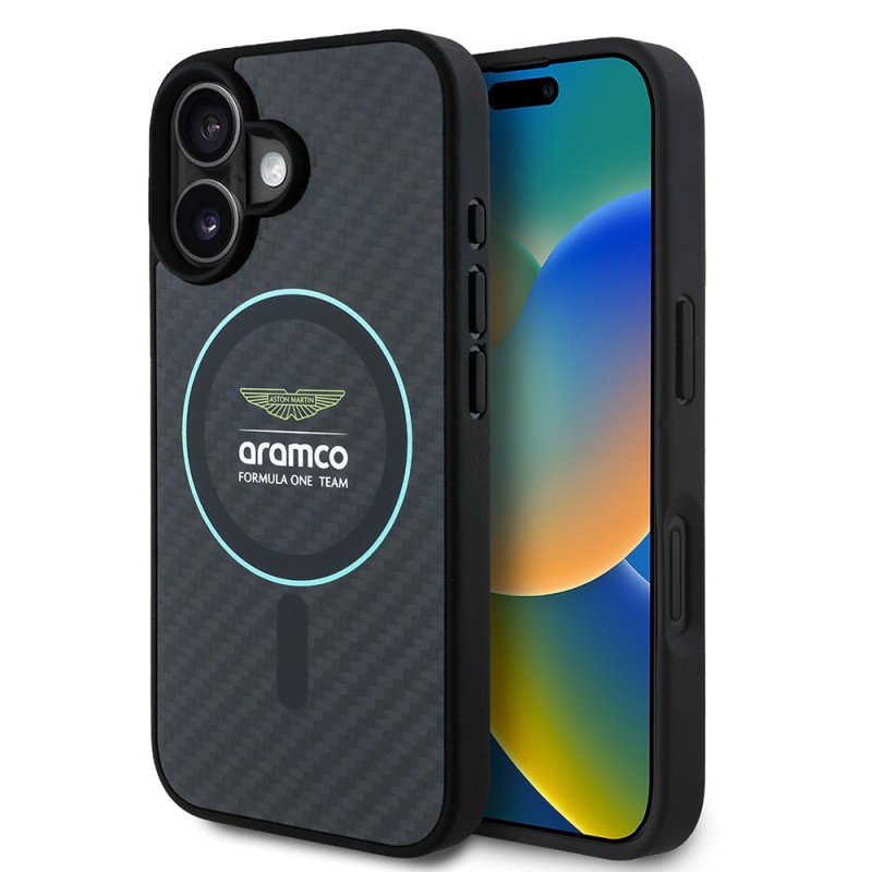 Apple iPhone 16 Kılıf Aston Martin Orjinal Lisanslı M-safe Şarj Özellikli Renkli Halka ve Karbon Fiber Tasarımlı Kapak - 8