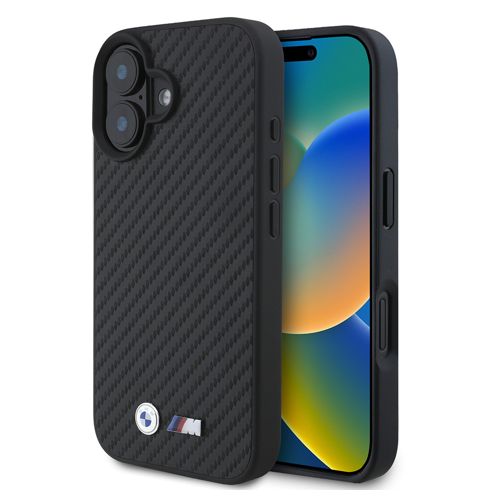 Apple iPhone 16 Kılıf BMW Orjinal Lisanslı Karbon Fiber Tasarımlı ve Metal Logolu PU Deri Kapak - Siyah
