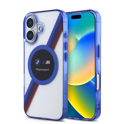 Apple iPhone 16 Kılıf BMW Orjinal Lisanslı M-safe Şarj Özellikli M Logolu Üç Renk Çizgili Motorsport Circle Kapak Şeffaf