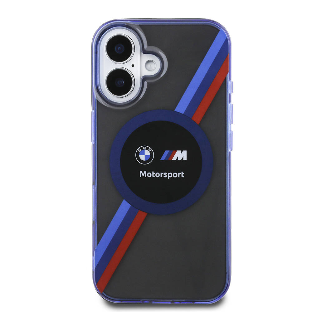 Apple iPhone 16 Kılıf BMW Orjinal Lisanslı M Logolu Üç Renk Çizgili Motorsport Circle Kapak - Siyah