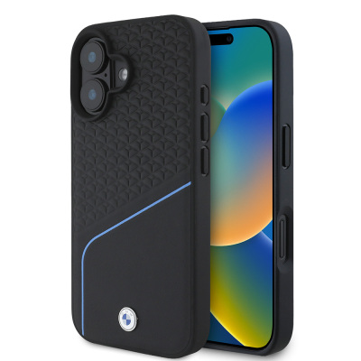 Apple iPhone 16 Kılıf BMW Orjinal Lisanslı M-safe Şarj Özellikli Metal Logolu Dokulu ve Çizgili Deri Kapak - BMW