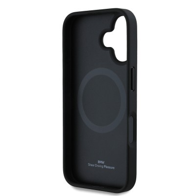Apple iPhone 16 Kılıf BMW Orjinal Lisanslı M-safe Şarj Özellikli Metal Logolu Dokulu ve Çizgili Deri Kapak - 16