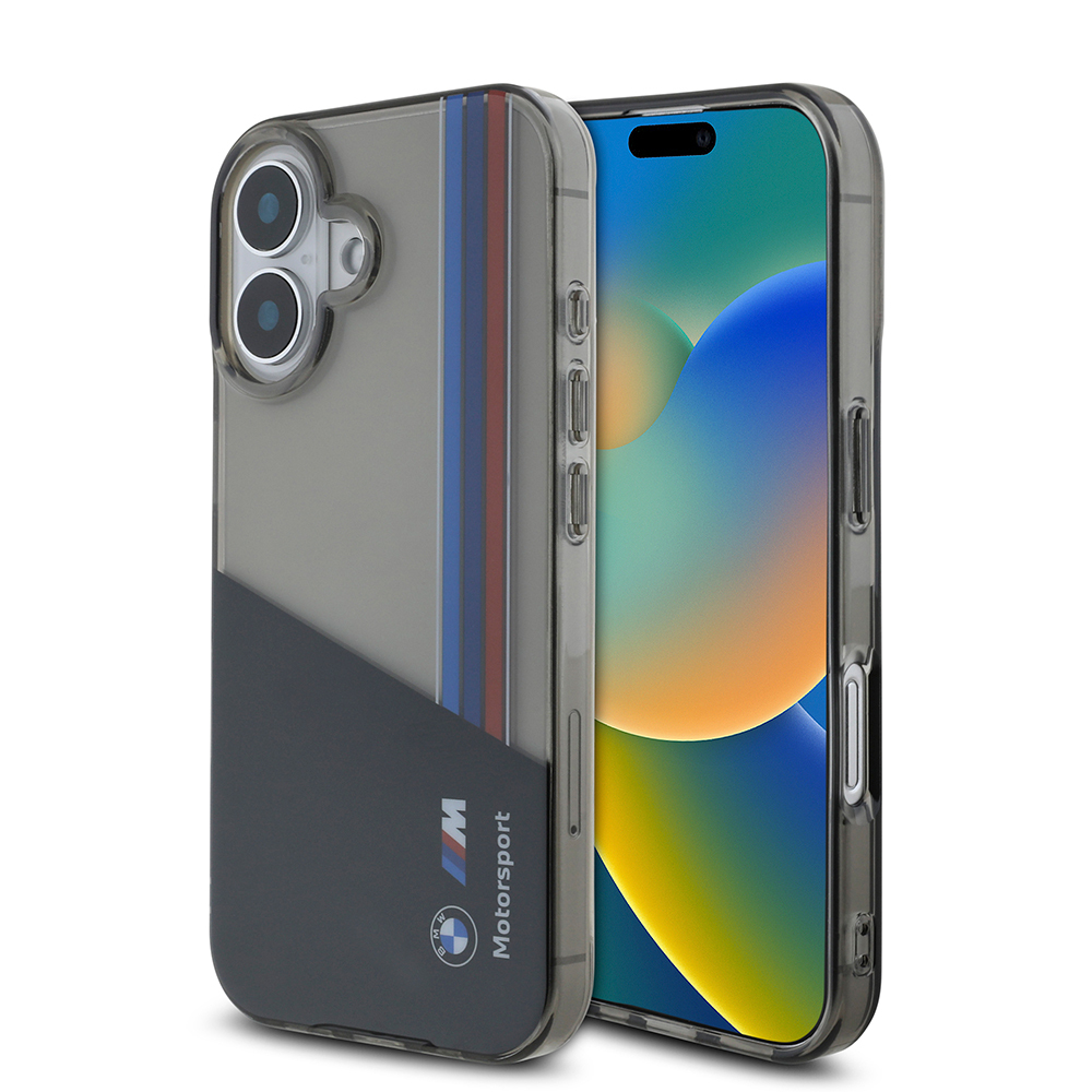 Apple iPhone 16 Kılıf BMW Orjinal Lisanslı Yarı Transparan M Dizayn Çizgili Kapak - Siyah