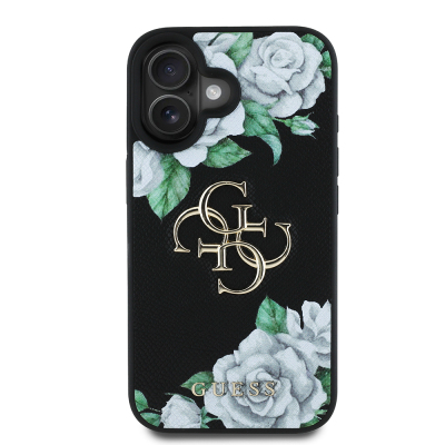 Apple iPhone 16 Kılıf Guess Orjinal Lisanslı Gül Baskılı Büyük Metal Logo Dizaynlı Kapak - Guess