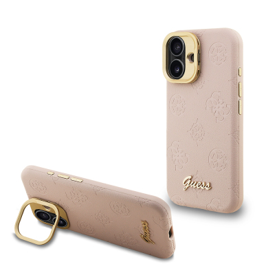 Apple iPhone 16 Kılıf Guess Orjinal Lisanslı M-safe Şarj Özellikli Sıcak Baskılı Yazı Logolu Kamera Standlı PU Deri Peony Kapak - Guess