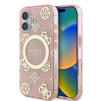 Apple iPhone 16 Kılıf Guess Orjinal Lisanslı M-safe Şarj Özellikli 4G Desenli IML Yazı Logolu Peony Kapak - Guess