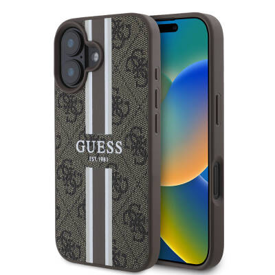 Apple iPhone 16 Kılıf Guess Orjinal Lisanslı M-safe Şarj Özellikli 4G Şerit Tasarımlı Printed Kapak - Guess