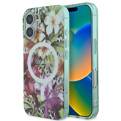 Apple iPhone 16 Kılıf Guess Orjinal Lisanslı M-safe Şarj Özellikli IML Baskılı Jungle Ring Kapak - Guess