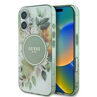 Apple iPhone 16 Kılıf Guess Orjinal Lisanslı M-safe Şarj Özellikli IML Baskılı Yazı Logolu Flower Tonal Circle Kapak - Guess