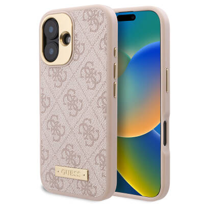 Apple iPhone 16 Kılıf Guess Orjinal Lisanslı M-safe Şarj Özellikli PU 4G Desenli Metal Plaka Klasik Logolu Kapak - Guess