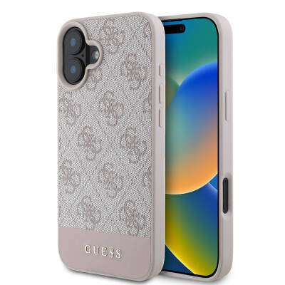 Apple iPhone 16 Kılıf Guess Orjinal Lisanslı M-safe Şarj Özellikli PU Deri Şerit Logo Dizaynlı Kapak - Guess
