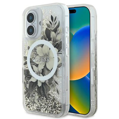 Apple iPhone 16 Kılıf Guess Orjinal Lisanslı M-safe Şarj Özellikli Sıvılı Simli Çiçek Desenli Kapak - Guess