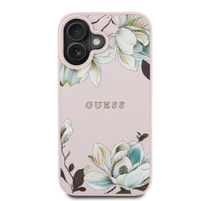 Apple iPhone 16 Kılıf Guess Orjinal Lisanslı M-safe Şarj Özellikli Taneli Çiçek Tasarımlı Metal Yazı Logolu Kapak - Guess