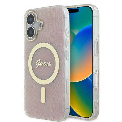 Apple iPhone 16 Kılıf Guess Orjinal Lisanslı M-safe Şarj Özellikli Yazı Logolu 4G Desenli Kapak - Guess