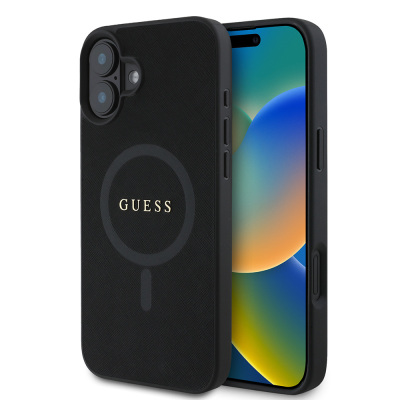 Apple iPhone 16 Kılıf Guess Orjinal Lisanslı M-safe Şarj Özellikli Yazı Logolu Saffiano Classic Kapak - Guess