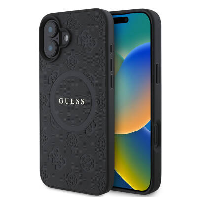 Apple iPhone 16 Kılıf Guess Orjinal Lisanslı M-safe Şarj Özellikli Yazı Logolu Saffiano Peony Kapak - Guess