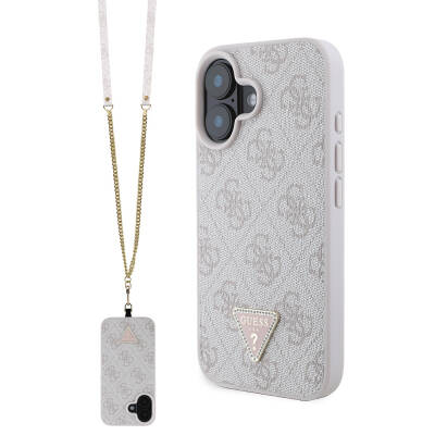 Apple iPhone 16 Kılıf Guess Orjinal Lisanslı PU Deri Taşlı Metal Üçgen Logolu Çapraz Vücut Askılı 4G Desenli Kapak - Guess
