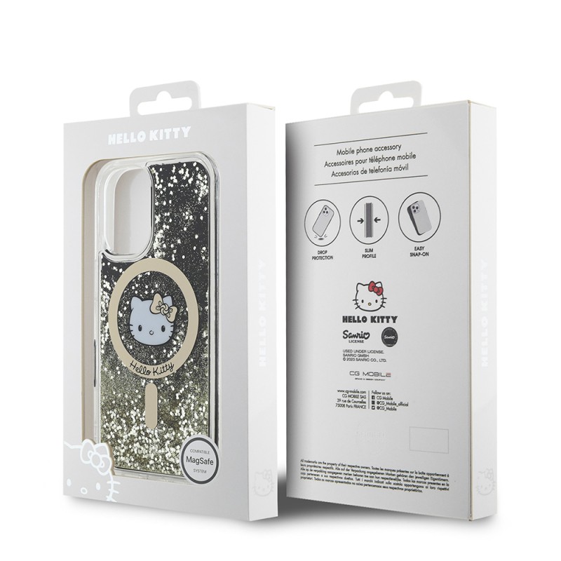 Apple iPhone 16 Kılıf Hello Kitty Orjinal Lisanslı M-safe Şarj Özellikli IML Baskı Kitty Head Logolu Sıvılı Simli Altın Ateşi Kapak - 3