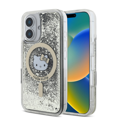 Apple iPhone 16 Kılıf Hello Kitty Orjinal Lisanslı M-safe Şarj Özellikli IML Baskı Kitty Head Logolu Sıvılı Simli Altın Ateşi Kapak - Hello Kitty