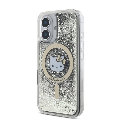 Apple iPhone 16 Kılıf Hello Kitty Orjinal Lisanslı M-safe Şarj Özellikli IML Baskı Kitty Head Logolu Sıvılı Simli Altın Ateşi Kapak - 4