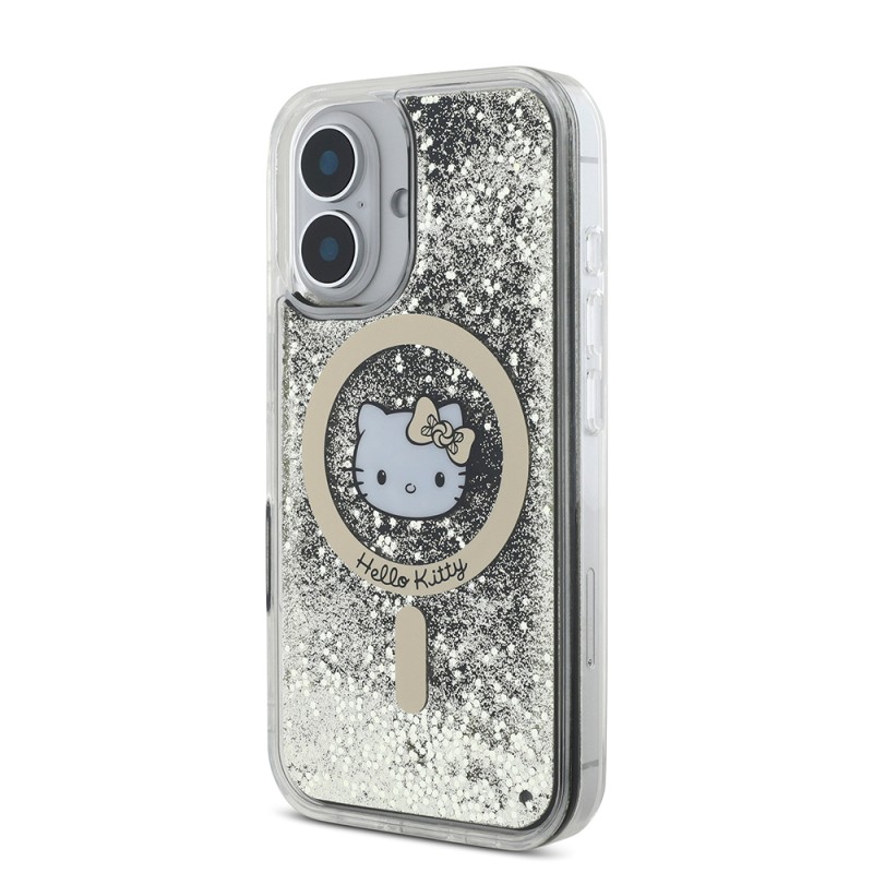 Apple iPhone 16 Kılıf Hello Kitty Orjinal Lisanslı M-safe Şarj Özellikli IML Baskı Kitty Head Logolu Sıvılı Simli Altın Ateşi Kapak - 4