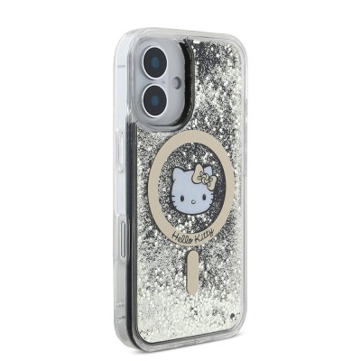 Apple iPhone 16 Kılıf Hello Kitty Orjinal Lisanslı M-safe Şarj Özellikli IML Baskı Kitty Head Logolu Sıvılı Simli Altın Ateşi Kapak - 6