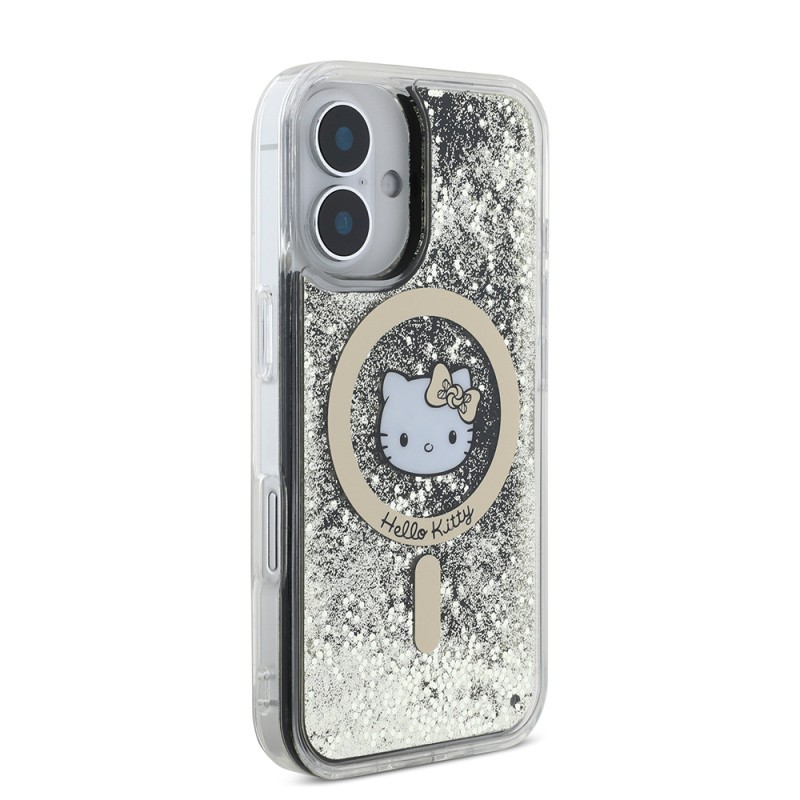 Apple iPhone 16 Kılıf Hello Kitty Orjinal Lisanslı M-safe Şarj Özellikli IML Baskı Kitty Head Logolu Sıvılı Simli Altın Ateşi Kapak - 6