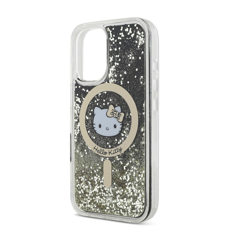Apple iPhone 16 Kılıf Hello Kitty Orjinal Lisanslı M-safe Şarj Özellikli IML Baskı Kitty Head Logolu Sıvılı Simli Altın Ateşi Kapak - 8