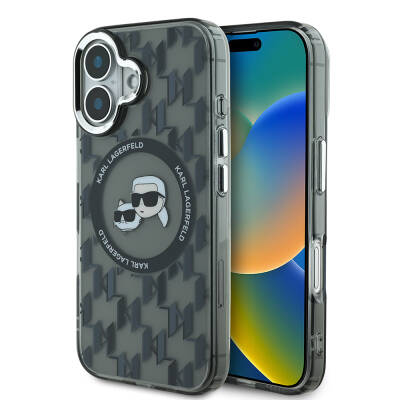 Apple iPhone 16 Kılıf Karl Lagerfeld Orjinal Lisanslı M-safe Şarj Özellikli IML Baskılı Metal Monogram KC Heads Kapak - Karl Lagerfeld