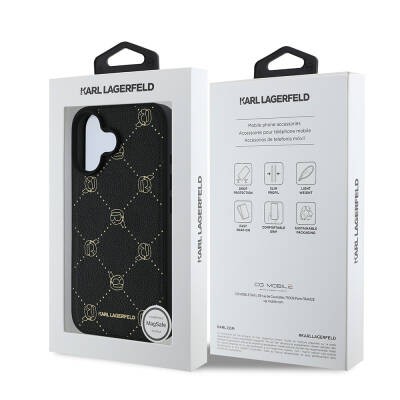 Apple iPhone 16 Kılıf Karl Lagerfeld Orjinal Lisanslı M-safe Şarj Özellikli PU Deri Karl Heads Desenli Klasik Logolu Kapak - 9